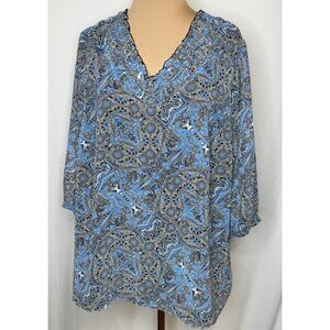 Coldwater Creek Smocked Neck Blouse XL Paisley Blue Black  White NWT
